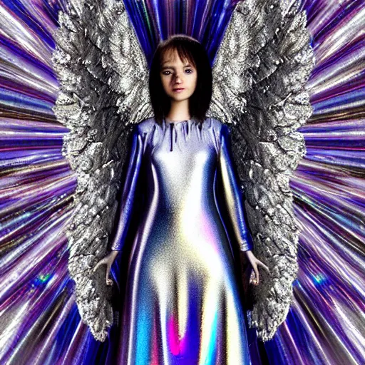 Image similar to highdetailed hyperrealistic painting of silver holographic angel in the hood lightning hands with silver sparkles!!!, giant silver ball on the chest!!!!!, 4 k hd fur face!!!, big wings, by jan van eyck, holography space, white sparkles everywhere, thin strokes, white monochrome color!!!!!, hyperrealism textures