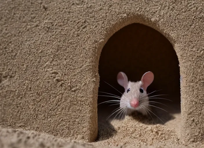 Image similar to dslr photo still of a mouse inside the doorway of a sand castle, 8 k, 8 5 mm f 1. 4