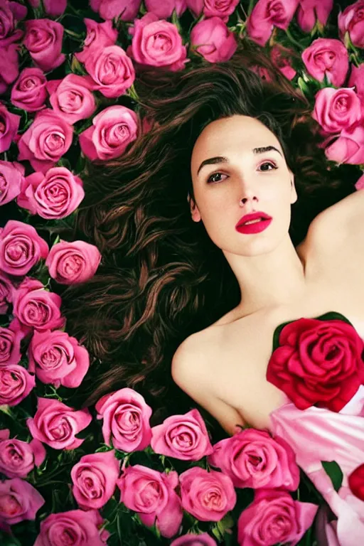 Image similar to fine art photo of the beauty gal gadot, she is lying down and merging from pink roses, taken by oleg oprisco