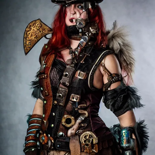 Prompt: photo of a female steampunk barbarian warrior