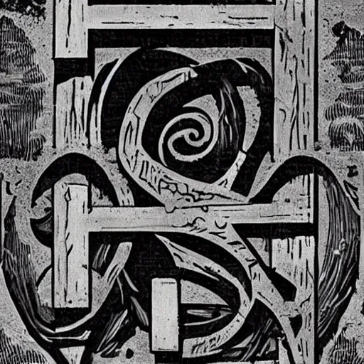 Prompt: A grave yard, with wooden graves in the shape of the greek letter PSI. Faded Edges, Dark Fantasy, Film Noir, Black and White. High Contrast, Mike Mignola, D&D, OSR