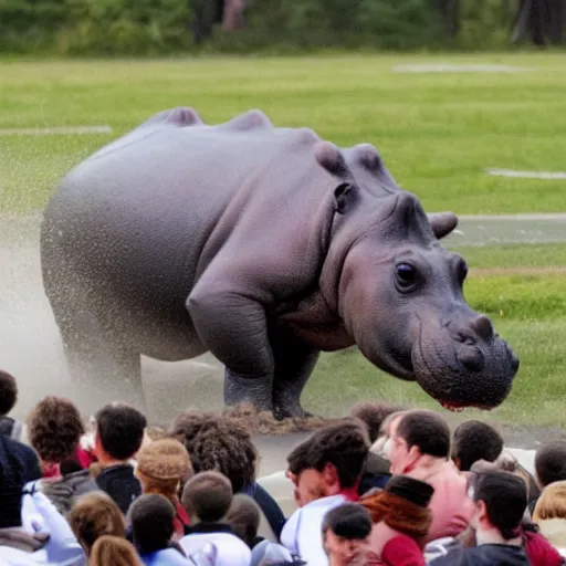 Image similar to a hippopotamus rampaging through sports crowd.