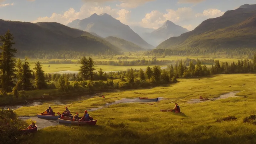 Prompt: painting of a beautiful landscape, first light, grassy plains, valley, lush grass, river, canoe, group of canoes, by noah bradley and greg rutkowski