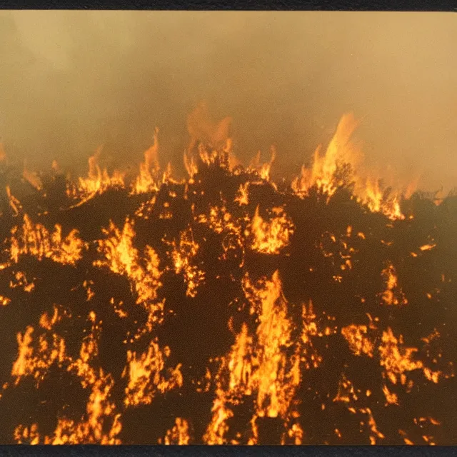 Image similar to field of cannabis burning on fire at night, forest fire, polaroid