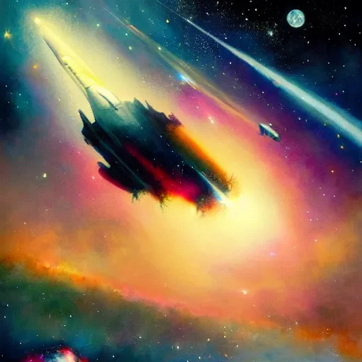 Image similar to A beautiful painting of gigantic spaceship in deep space with galaxies and nebulas in background painted by John Harris, artstation.