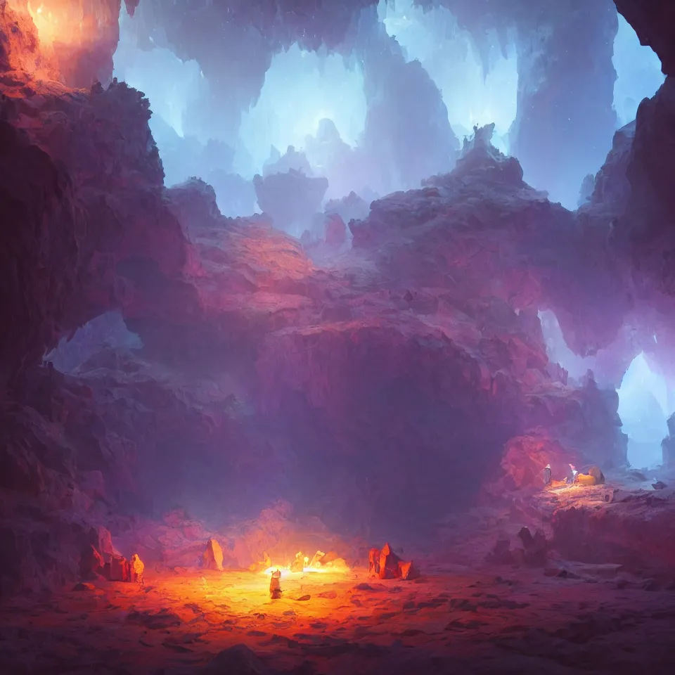 Image similar to a single crystal in a cave, colorful by greg rutkowski, painted by raymond swanland, digital art, octane render, 4k, unreal engine