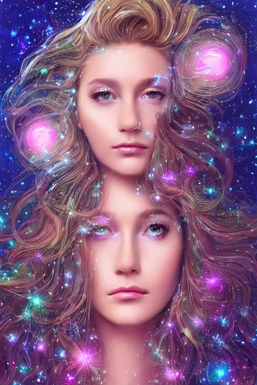 Prompt: one beautiful young woman's face, magical, space stars and planets in her hair, windblown, intricate, synth-wave, retrowave, highly-detailed, elegant, dramatic lighting, gorgeous face, lifelike, photorealistic face, long luxurious intricate gown, digital painting, artstation, illustration, concept art, smooth, sharp focus, art by John Collier, artgerm, and Albert Aublet and Krenz Cushart and Artem Demura and Alphonse Mucha