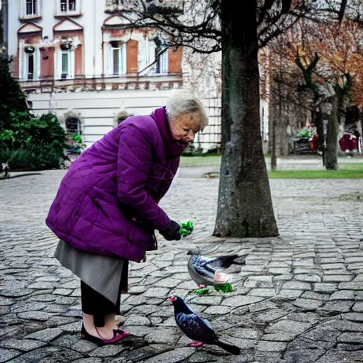 Prompt: An elderly woman feeding pigeons in Tivoli park in Ljubljana, professional photography