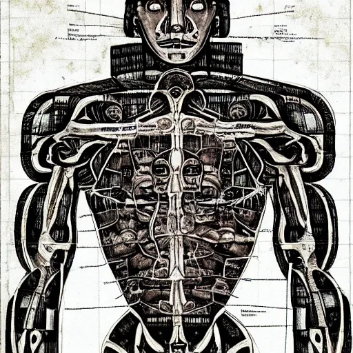 Image similar to cyborg as a vtruvian man blueprint by leonardo davinci