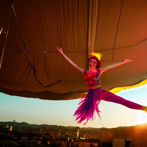 Prompt: photograph of a young woman with colorful hair performing on aerial silks during golden hour