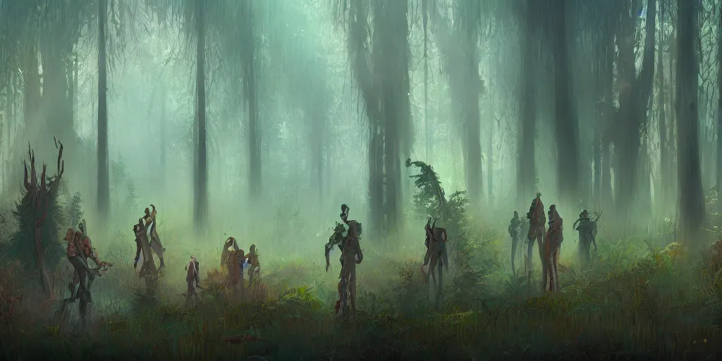 Prompt: reed people in futuristic spiritual mystical post apocalyptic forest by ron gilbert, dim painterly volumetric aquatic lighting, beautiful, crisp, artstation, highly detailed