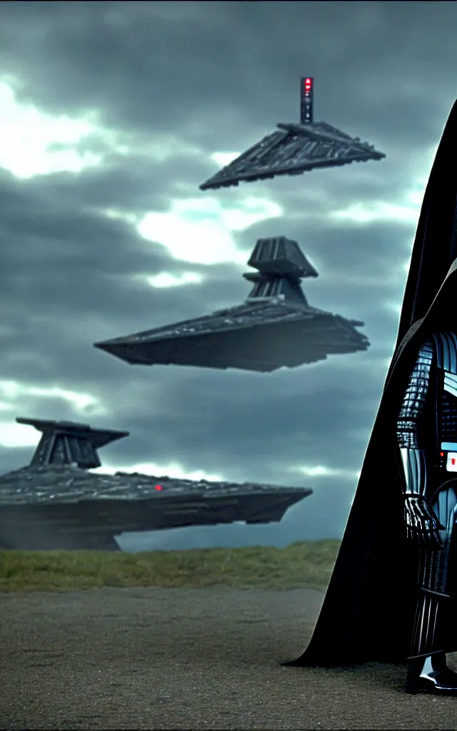 Image similar to darth vader anb bella from twillight staying together in front of, on the background star destroyer landed on the wood ground in the twilight saga movie, shot from the twillight movie