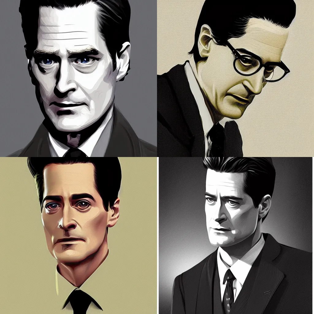 Prompt: Portrait of Dale Cooper Kyle Maclachlan from Twin Peaks intricate, elegant, highly detailed, digital painting, artstation, concept art, smooth, sharp focus by Moebius