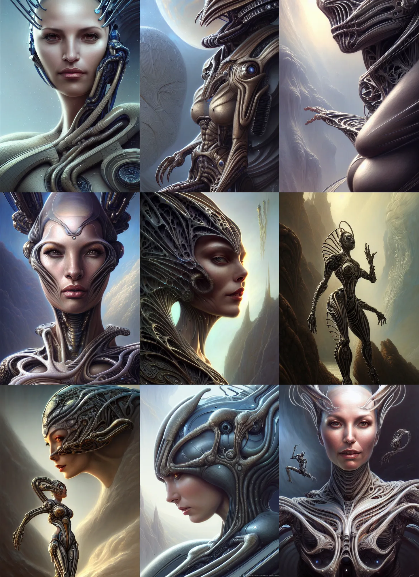 Prompt: closeup portrait shot of a female biomechanic woman in a scenic scifi environment, intricate, elegant, highly detailed, centered, digital painting, artstation, concept art, smooth, sharp focus, warframe, illustration, hr giger, tomasz alen kopera, peter mohrbacher, donato giancola, leyendecker, boris vallejo