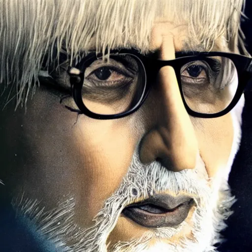 Image similar to realistic expired kodak film portrait of albino amitabh bachchan, hyperrealism, photorealistic, detailed, atmospheric, 8 k, award winning photography, cinematic