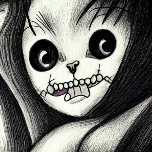 Prompt: a pencil drawing of a kitten, in the style of junji ito