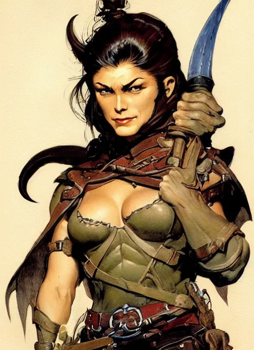 Image similar to portrait of strong female ranger, beautiful! coherent! dungeons and dragons character, by frank frazetta, by brom, strong line, deep color, leather armor, short buzzed hair, high contrast