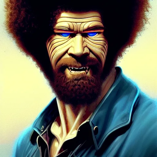 Image similar to bob ross with extremely large and intricate eye cyberpunk bionics with angry blue eyes and slim features looking askance, eye cyberpunk bionics, retro futurist style, intricate, elegant gleaming intricate baroque jewelry, angelic halo, highly detailed, digital painting, artstation, concept art, smooth, sharp focus, illustration, art by wlop, mars ravelo and greg rutkowski,