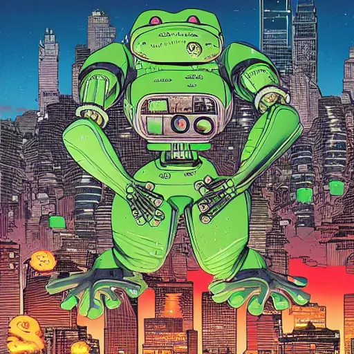 Prompt: huge frog robot devastating the city, by yoichi hatakenaka, masamune shirow, josan gonzales and dan mumford