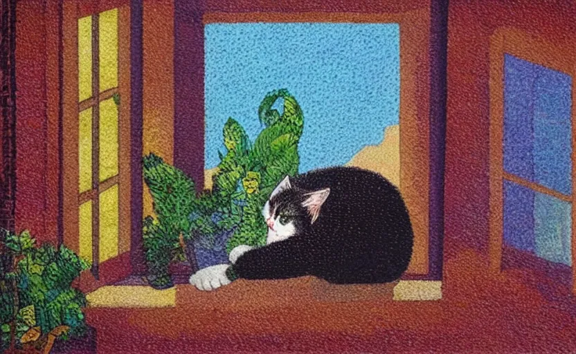 Image similar to sleeping cat on window, inside house in village, plants, tint colors, romantic vibe, divisionism and pointillism style