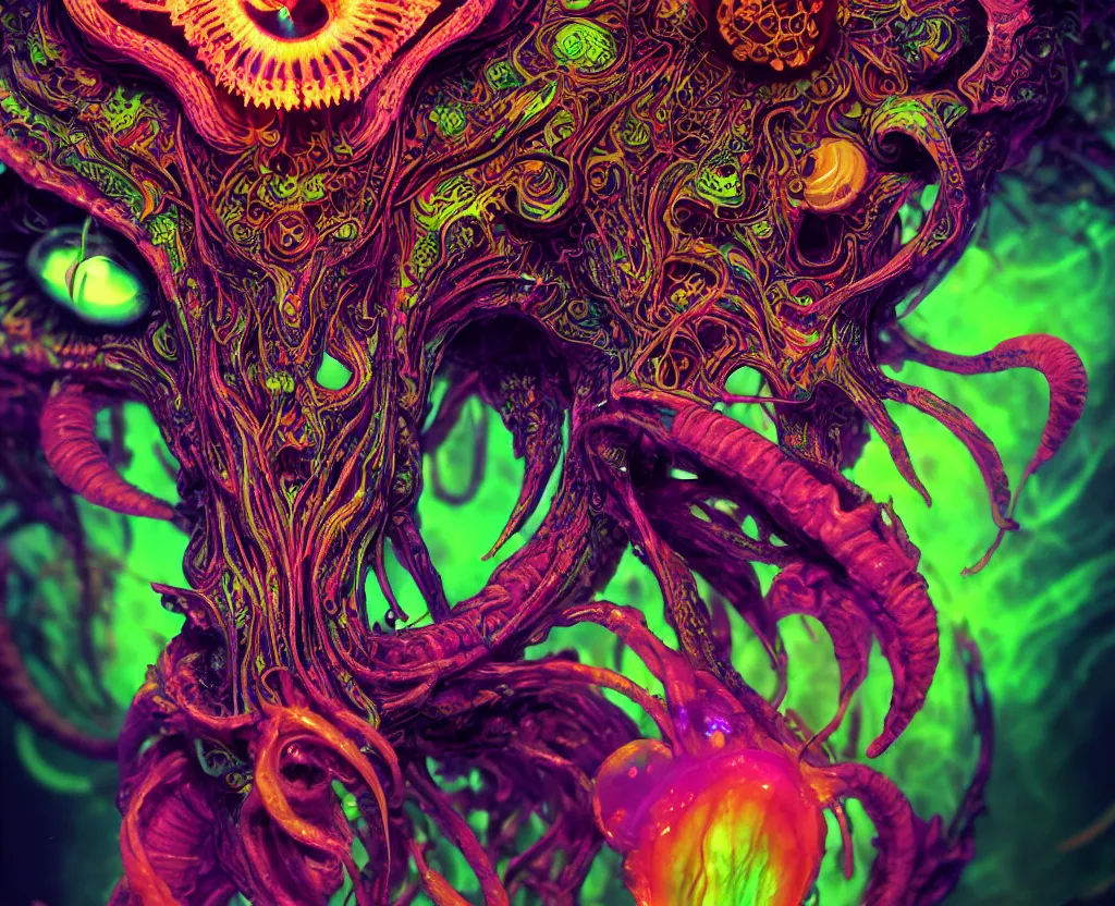 Image similar to psychedelic shaman close - up portrait goat skull. jellyfish phoenix head, nautilus, orchid, monkey skull, betta fish, bioluminiscent creatures, intricate artwork by tooth wu and wlop and beeple. octane render, trending on artstation, greg rutkowski very coherent symmetrical artwork. cinematic, hyper realism, high detail, octane render, 8 k