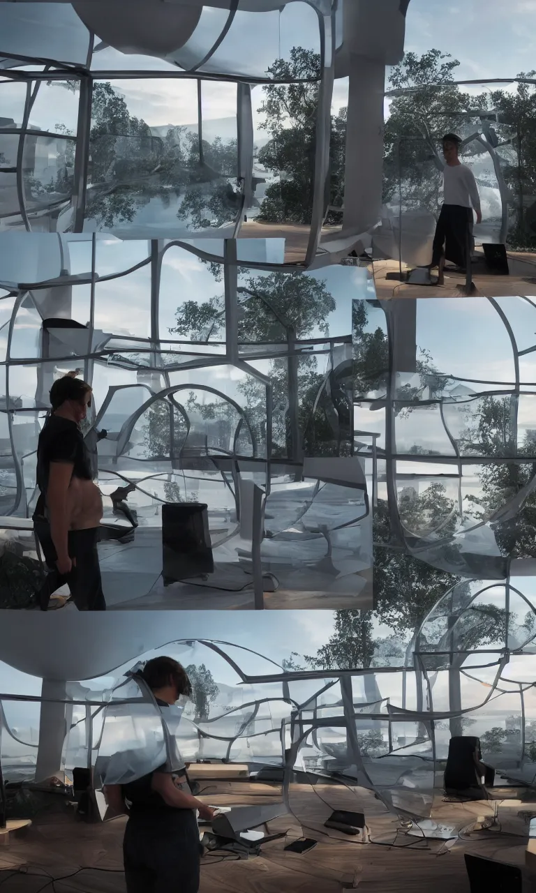 Image similar to candid photo of sunrise futuristic floating cozy open - air design studio workshop : nodes designed by jony ive ( glowing screens arranged into minimalist explorable bookshelves ) scale model floating in midair in front of me : brilliant daylight vr os ux, leica 8 k still from an a 2 4 film