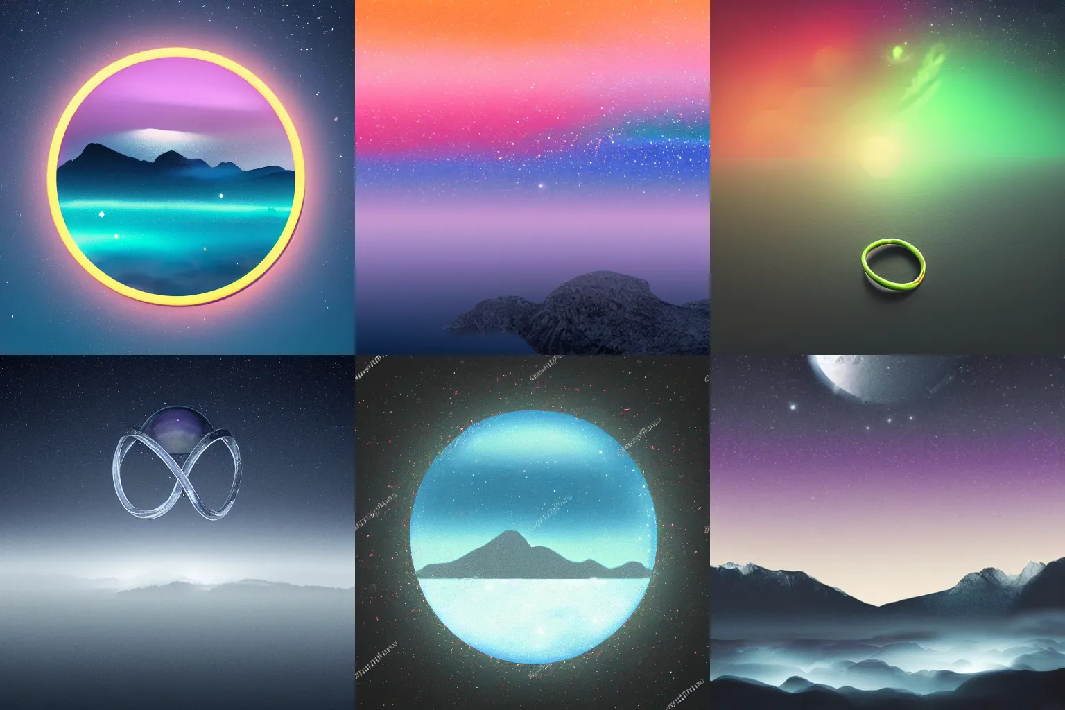 Prompt: High quality render of , Neon ring floating over a foggy sea with rocky mountains in the night sky abstract art