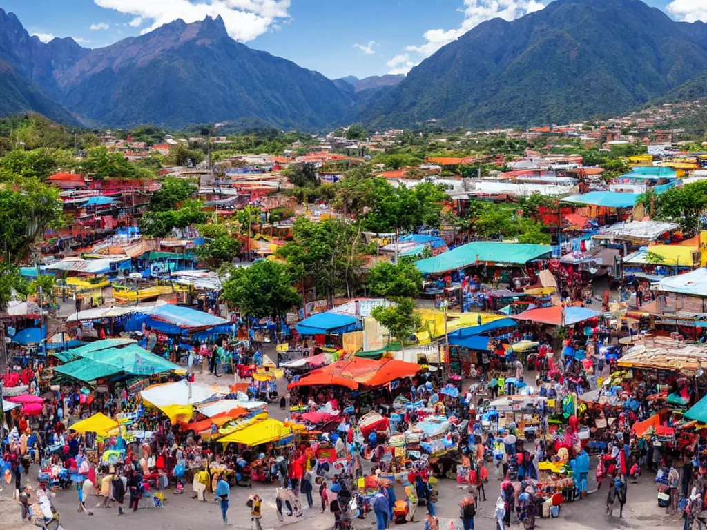 Image similar to south american city market in a valley with mountains