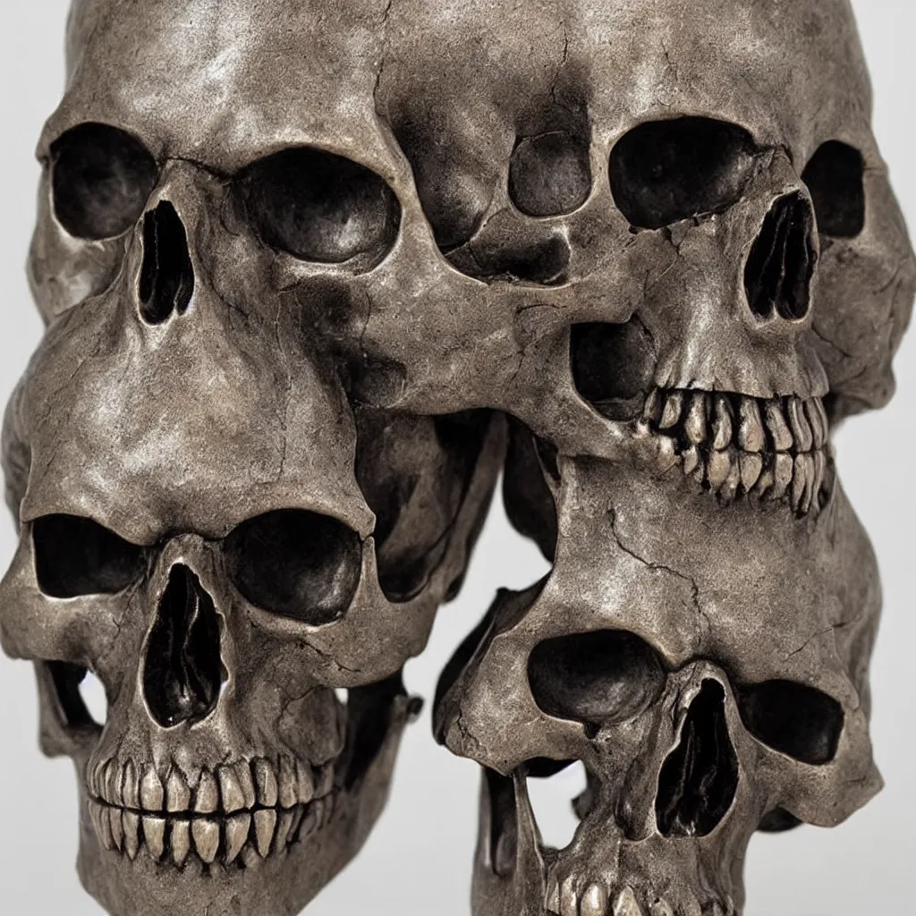 Image similar to a realistic metal sculpture of one skull, super detailed