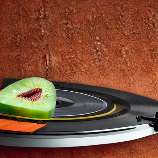 Image similar to vinyl turntable vinyl record in shape of huge kiwi fruit, 4 k, digital art, unreal render, hyperrealistic textures