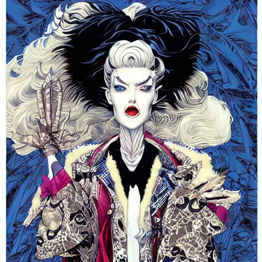 Image similar to portrait closeup of crazy cruella de vil, symmetrical, by yoichi hatakenaka, masamune shirow, josan gonzales and dan mumford, ayami kojima, takato yamamoto, barclay shaw, karol bak, yukito kishiro