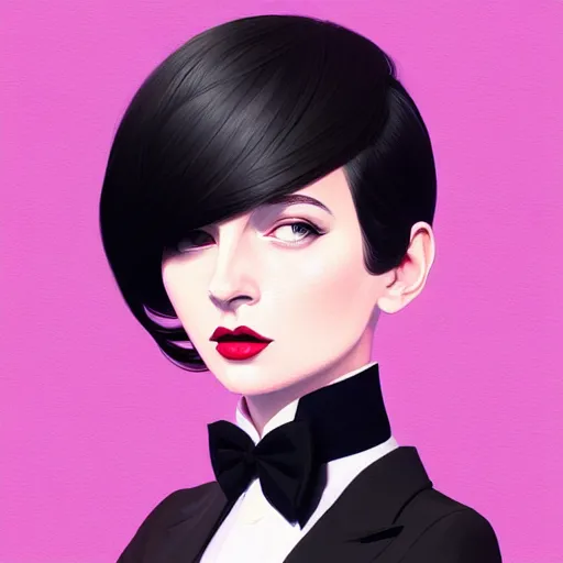 Image similar to young female in black tuxedo, corporate boss, luxury, muted colors, matte print, pastel colors, 2d, ultra highly detailed, smooth, sharp focus, digital art, digital painting, fan art, elegant, artstation, head is centered, by Ilya Kuvshinov