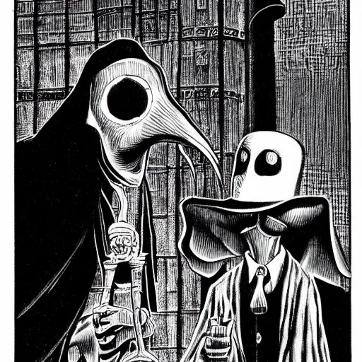 Prompt: the plague doctor, by Junji Ito, japanese horror, creepy and unsettling, a sense of danger