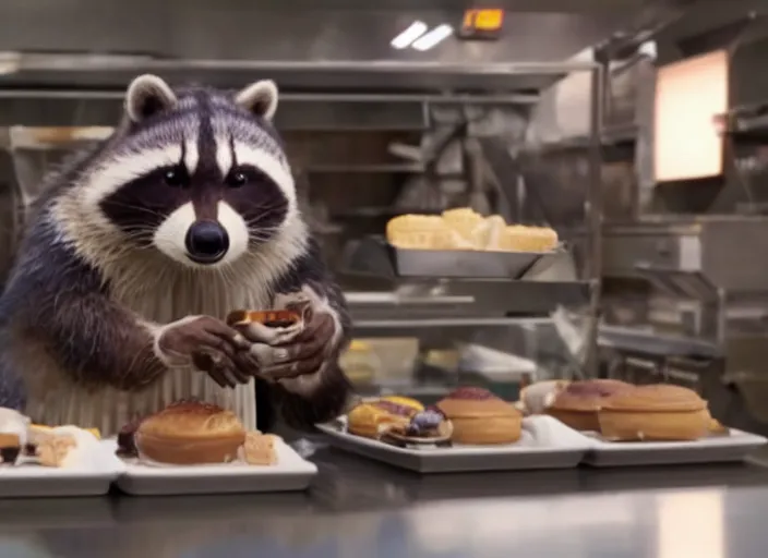 Image similar to film still of Rocket Racoon working as a pastry chef in the new Avengers movie, 4k