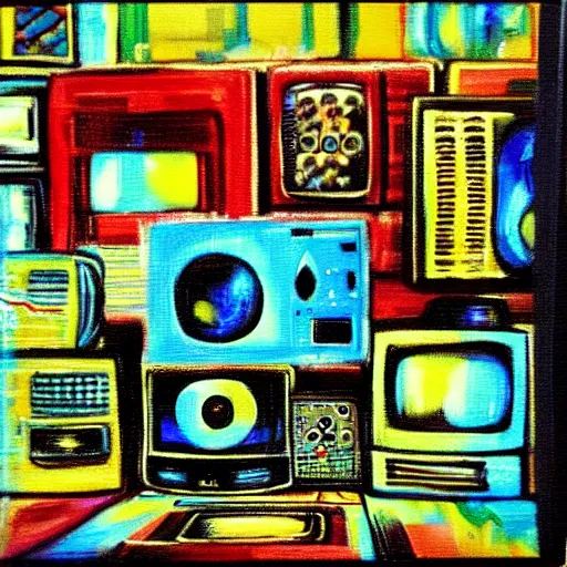 Image similar to furry, array of crt televisions, tv static, antenna, stacked, polaroid, steroids, adult video store, impressionist painting, painting, acrylic painting, cell shaded