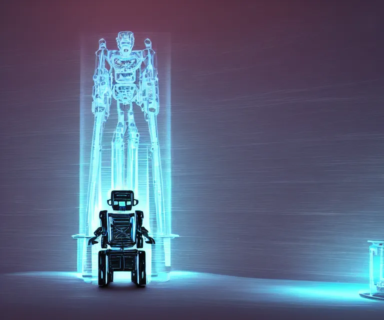 Image similar to glowing translucent robot sitting on an throne, futuristic castle background, fantasy sci - fi, sharp lines, metallic, 2 0 0 mm focus