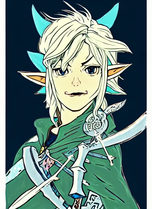 Image similar to link as the fierce diety form with white hair!! from the legend of zelda!! portrait illustration, pop art, splash painting, art by geof darrow, ashley wood, alphonse mucha, makoto shinkai