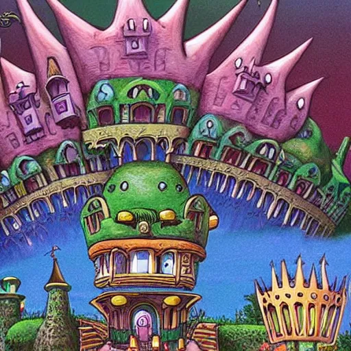 Prompt: anthropomorphic fantasy castle, a castle laughing, organic, bubbly towers and gates, eyes and tongue, surreal, cute artwork by studio ghibli, jim woodring