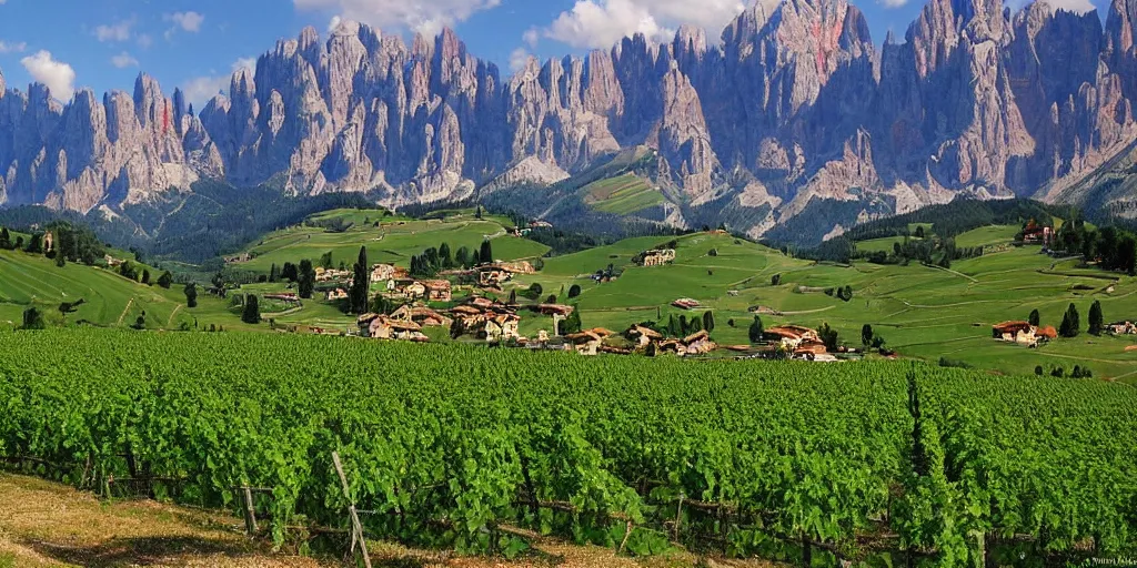 Prompt: miles of grape fields backdropped by the italian dolomites by alexandr averin