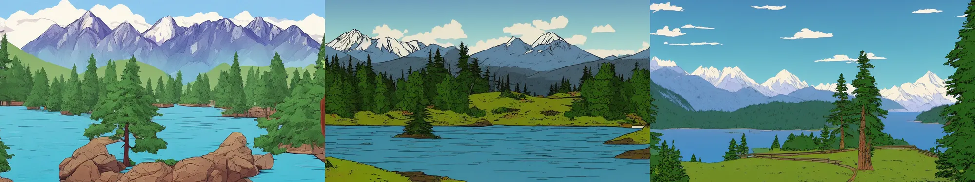 Prompt: mountains, trees, and lake, in the style of bojack horseman