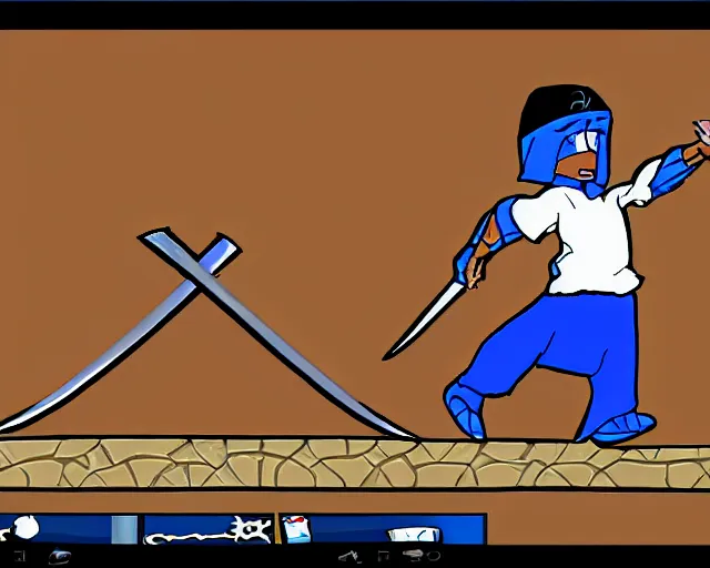 Prompt: screenshot of a crips gang member in the two dimensional cartoon web browser game swords and sandals ( 2 0 0 5 ), adobe flash player, high quality