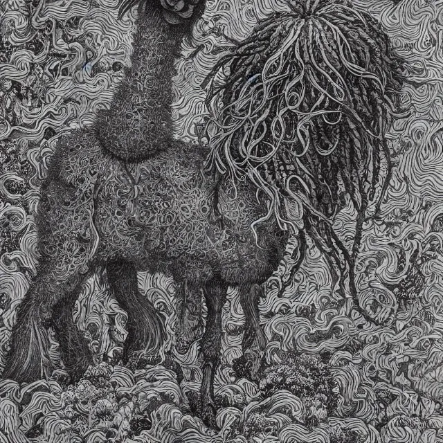 Prompt: llama with dreadlocks, by otomo katsuhiro, ernst haeckel, james jean