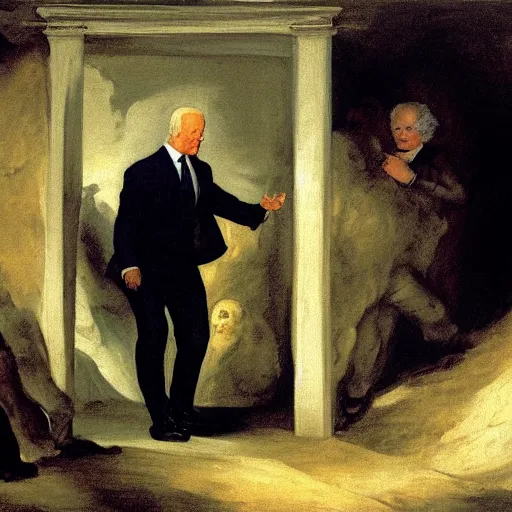 Image similar to president biden emerging from an underground white house, francisco goya oil painting