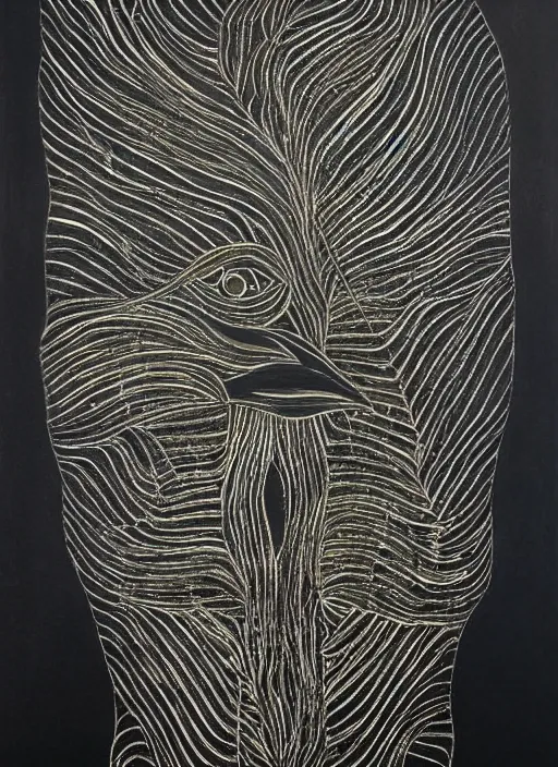 Prompt: black gold silver, crow portrait!!!!!, symmetrical, award - winning painting, abstract, gold and silver shapes, rectangles, geometry, elegant, luxurious, beautiful, pitch black background, dali