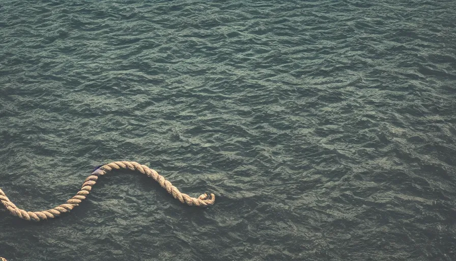 Prompt: wide shot of a rope on the surface of water, in the middle of a lake, overcast day, rocky foreground, 2 4 mm leica anamorphic lens, moody scene, stunning composition, hyper detailed, color kodak film stock