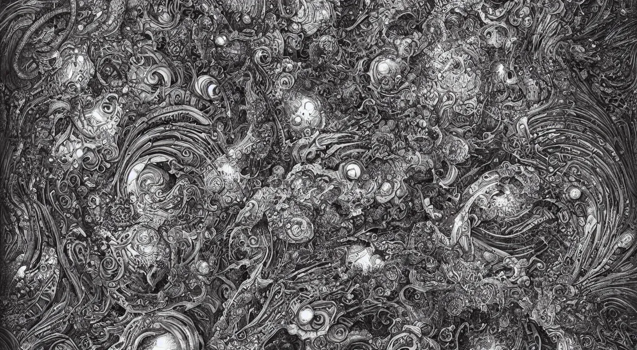 Prompt: junji ito, smooth paper with detailed line work, Mandelbulb, Exquisite detail perfect symmetrical, silver details, hyper detailed, bold intricate ink illustration, smooth textures, steampunk, smoke, neon lights, starry sky, steampunk city, liquid polished metal