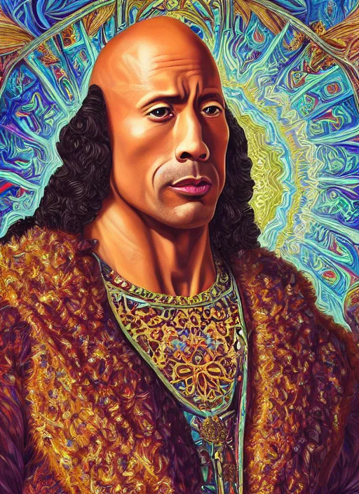 Image similar to beautiful oil painting, full length portrait of Dwayne the rock Johnson as Louis xiv in coronation robes 1701, Dan Mumford, Dan Mumford, Alex grey, Alex grey, highly detailed , lsd visuals, dmt fractal patterns, hallucinogen, visionary art, psychedelic art, ornate, vaporwave