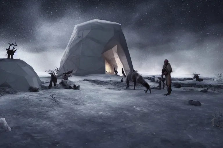 Image similar to the most amazing dream you ever had about black african hunters at arctic near an igloo, hyper realistic, ambient lighting, concept art, intricate, hyper detailed, smooth, dynamic volumetric lighting, octane, cinematic