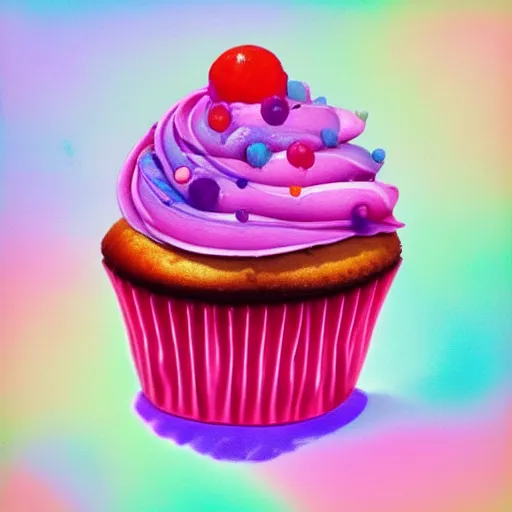 Prompt: a cupcake with purple frosting and pink sprinkles, a pastel by Lisa Frank, trending on cgsociety, rasquache, biomorphic, trypophobia, lovecraftian