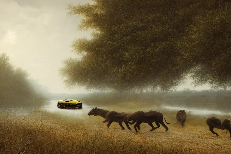 Prompt: a landscape photograph of a lamborghini aventador being chased by a pack of lions through a vast serene landscape on a rainy day, river, trees, beautiful lighting, by lee madgwick